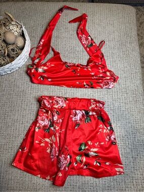 Red Floral Satin Two-Piece Set